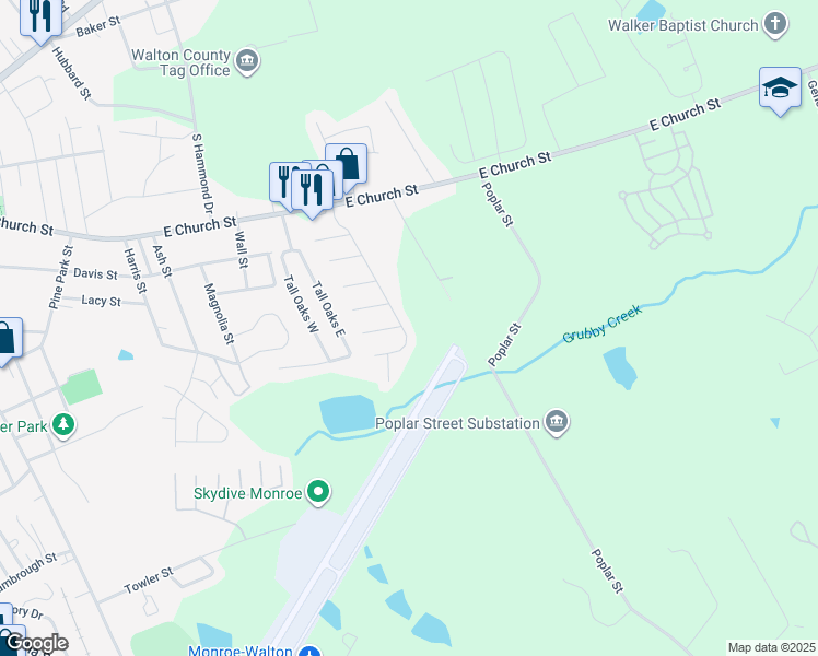 map of restaurants, bars, coffee shops, grocery stores, and more near 615 Baron Drive in Monroe