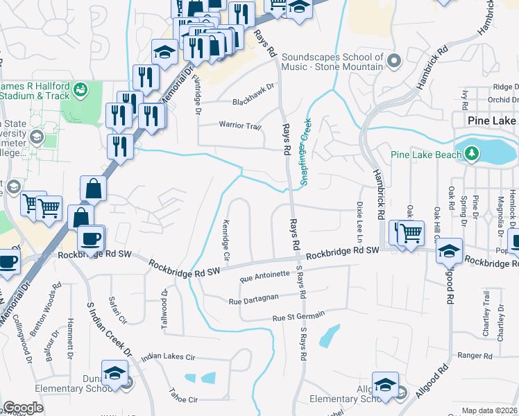 map of restaurants, bars, coffee shops, grocery stores, and more near 554 Kenridge Circle in Stone Mountain