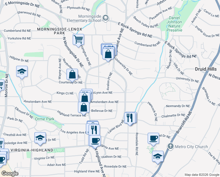 map of restaurants, bars, coffee shops, grocery stores, and more near 1054 McLynn Avenue Northeast in Atlanta