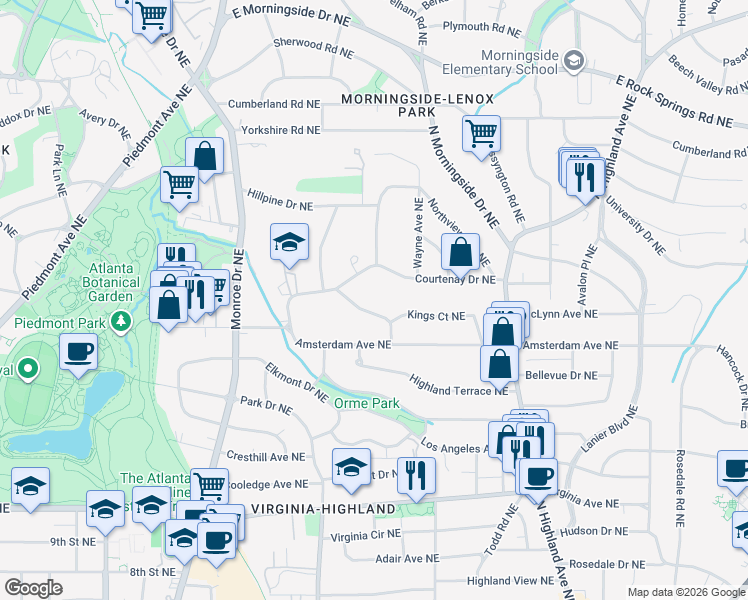 map of restaurants, bars, coffee shops, grocery stores, and more near 776 San Antonio Drive Northeast in Atlanta