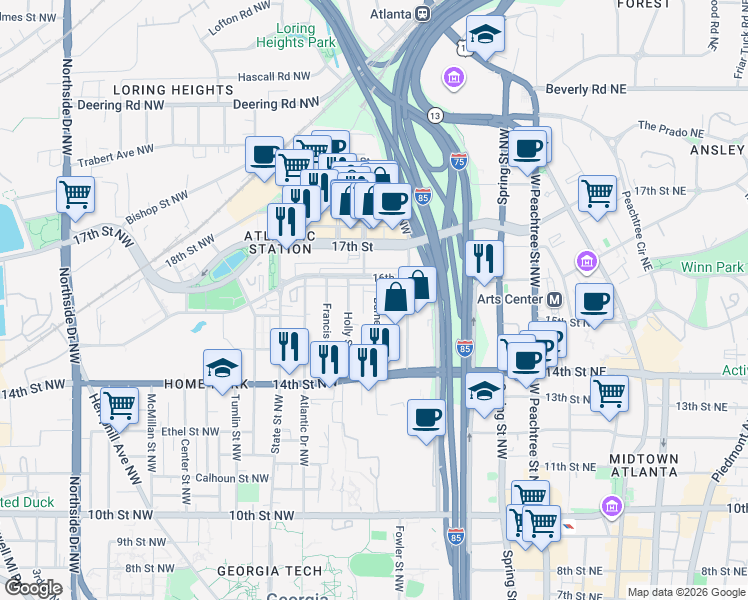 map of restaurants, bars, coffee shops, grocery stores, and more near 221 15th Street Northwest in Atlanta