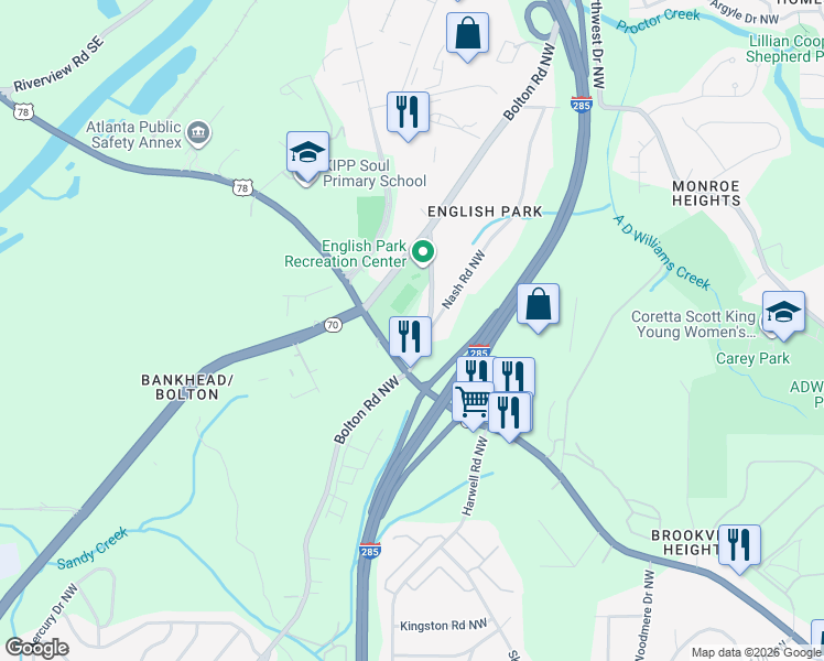 map of restaurants, bars, coffee shops, grocery stores, and more near 1261 Bolton Road Northwest in Atlanta