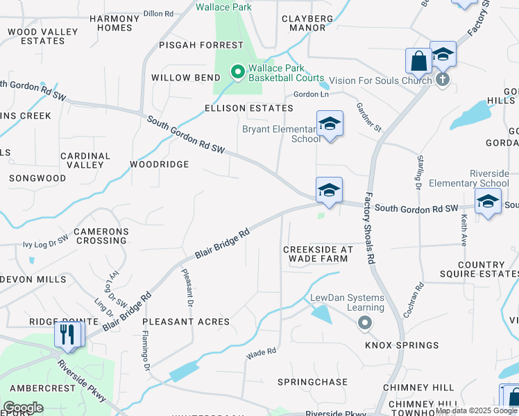 map of restaurants, bars, coffee shops, grocery stores, and more near 940 Blair Bridge Road in Austell