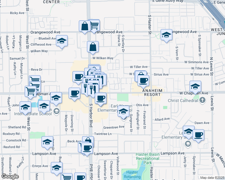map of restaurants, bars, coffee shops, grocery stores, and more near 2398 South Cutty Way in Anaheim