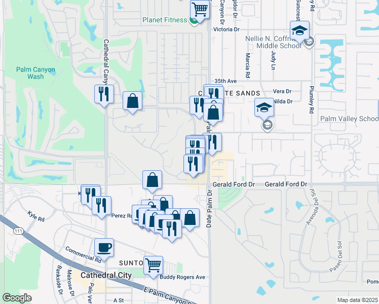 map of restaurants, bars, coffee shops, grocery stores, and more near 35705 Pso Circulo East in Cathedral City
