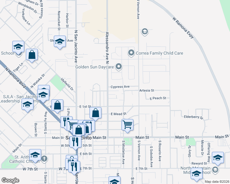 map of restaurants, bars, coffee shops, grocery stores, and more near 444 Artesia Street in San Jacinto
