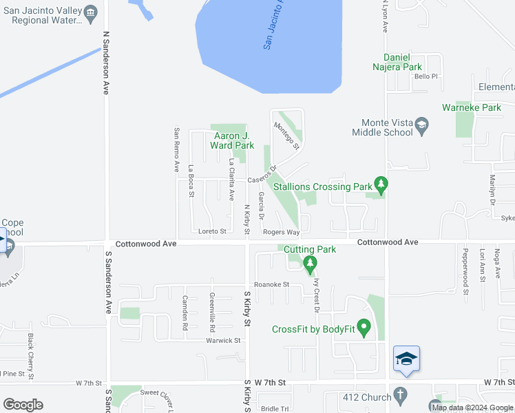 map of restaurants, bars, coffee shops, grocery stores, and more near 206 Garcia Drive in San Jacinto