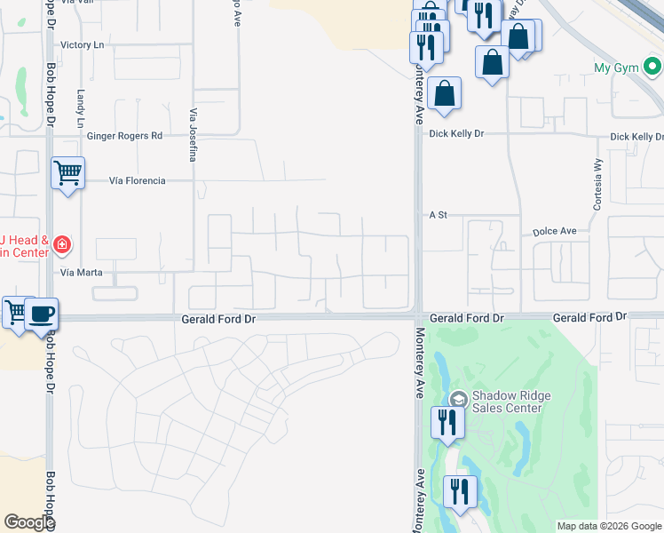 map of restaurants, bars, coffee shops, grocery stores, and more near 3 Curie Court in Rancho Mirage