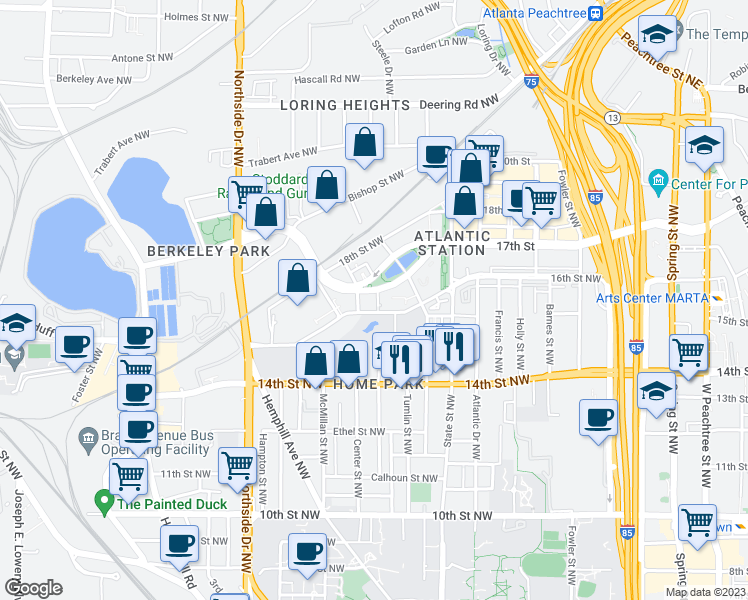 map of restaurants, bars, coffee shops, grocery stores, and more near 401 Art Foundry Street in Atlanta