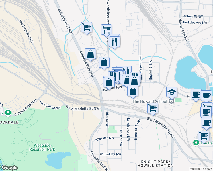 map of restaurants, bars, coffee shops, grocery stores, and more near 1199 Huff Road Northwest in Atlanta