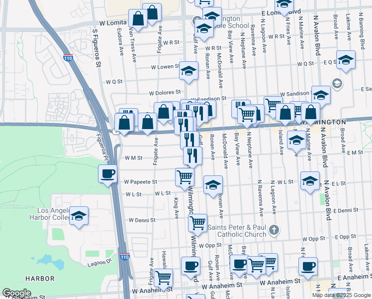 map of restaurants, bars, coffee shops, grocery stores, and more near 1311 Wilmington Boulevard in Los Angeles