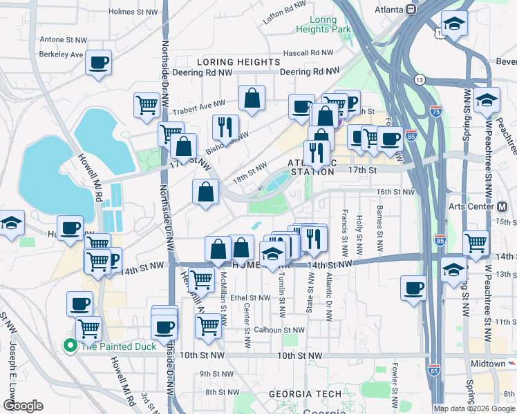 map of restaurants, bars, coffee shops, grocery stores, and more near 401 Art Foundry Street in Atlanta