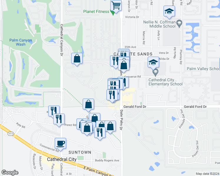 map of restaurants, bars, coffee shops, grocery stores, and more near 35705 Pso Circulo East in Cathedral City