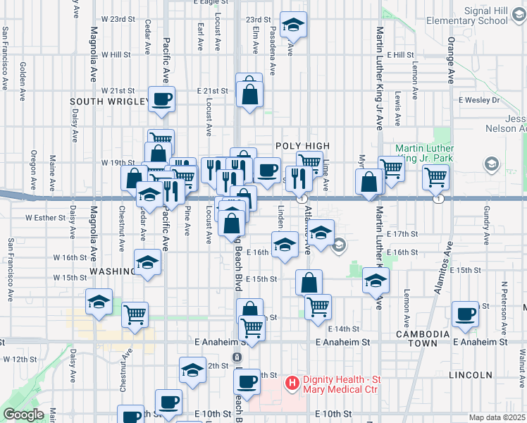 map of restaurants, bars, coffee shops, grocery stores, and more near 405 East Esther Street in Long Beach