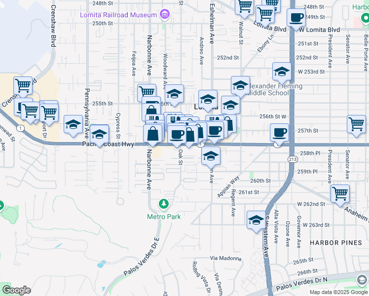 map of restaurants, bars, coffee shops, grocery stores, and more near 2068 California 1 in Lomita