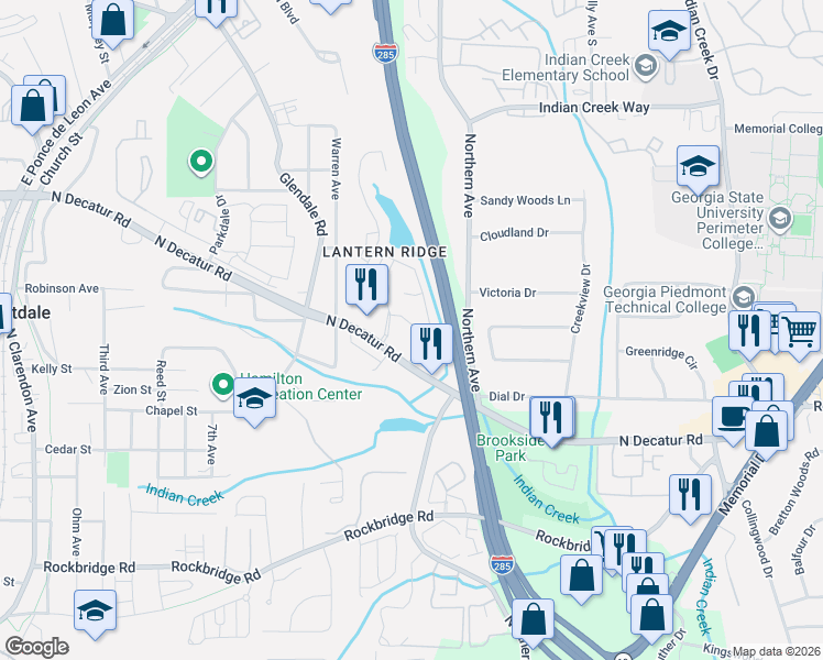 map of restaurants, bars, coffee shops, grocery stores, and more near 551 Lantern Park Lane in Scottdale