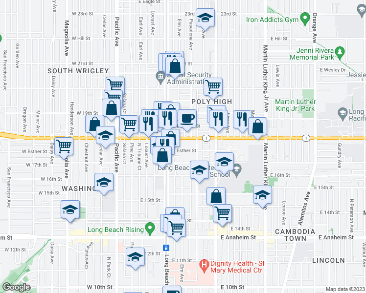 map of restaurants, bars, coffee shops, grocery stores, and more near 359 East Esther Street in Long Beach