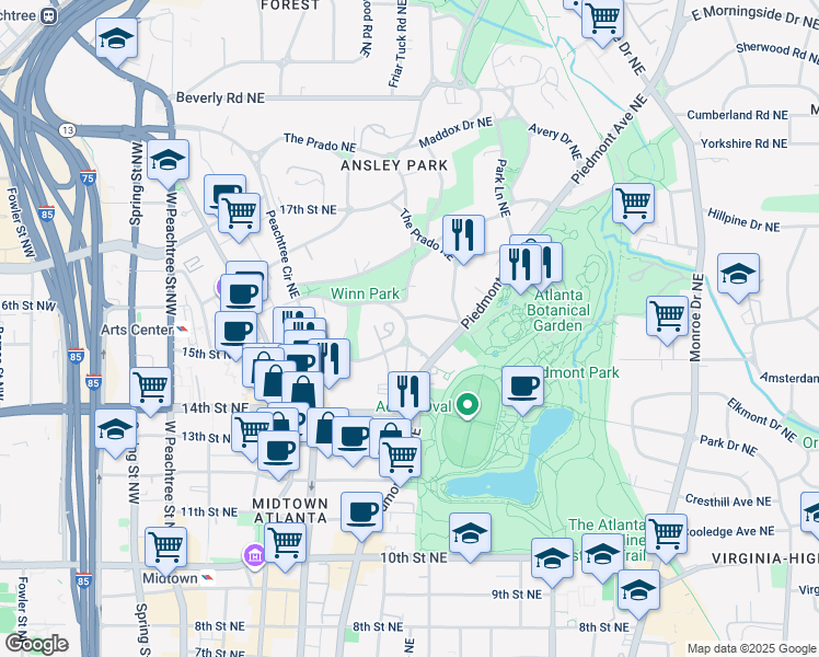 map of restaurants, bars, coffee shops, grocery stores, and more near 124 Lafayette Drive Northeast in Atlanta