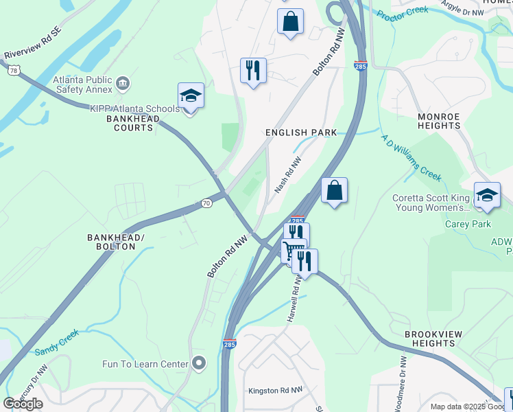 map of restaurants, bars, coffee shops, grocery stores, and more near 1261 Bolton Road Northwest in Atlanta