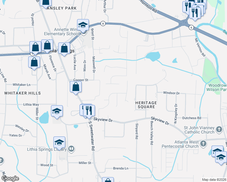 map of restaurants, bars, coffee shops, grocery stores, and more near 2344 Skyline Ridge Drive in Lithia Springs