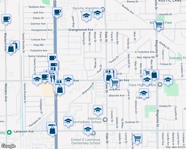 map of restaurants, bars, coffee shops, grocery stores, and more near 11875 Poes Street in Anaheim