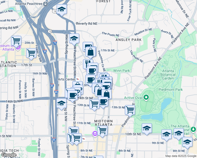 map of restaurants, bars, coffee shops, grocery stores, and more near 1275 Peachtree Street Northeast in Atlanta