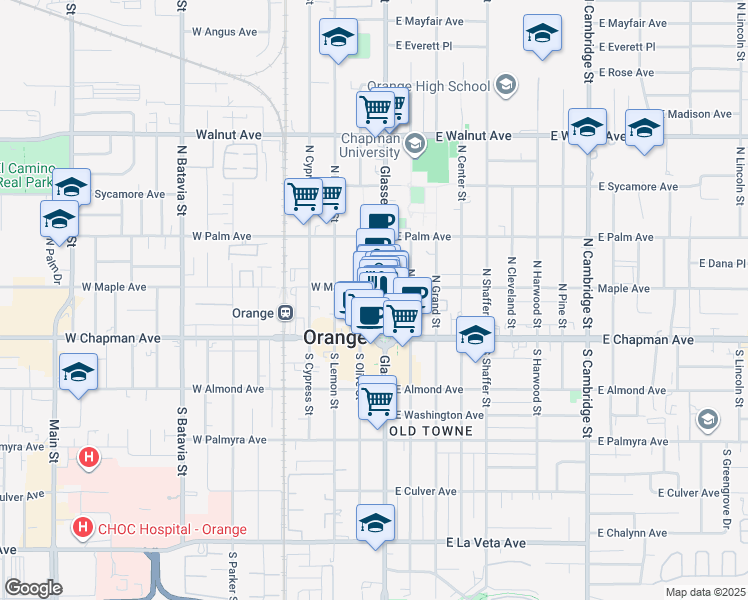 map of restaurants, bars, coffee shops, grocery stores, and more near 150 North Glassell Street in Orange