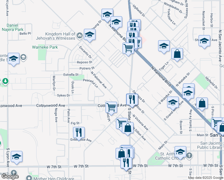 map of restaurants, bars, coffee shops, grocery stores, and more near 204 North La Paloma Avenue in San Jacinto