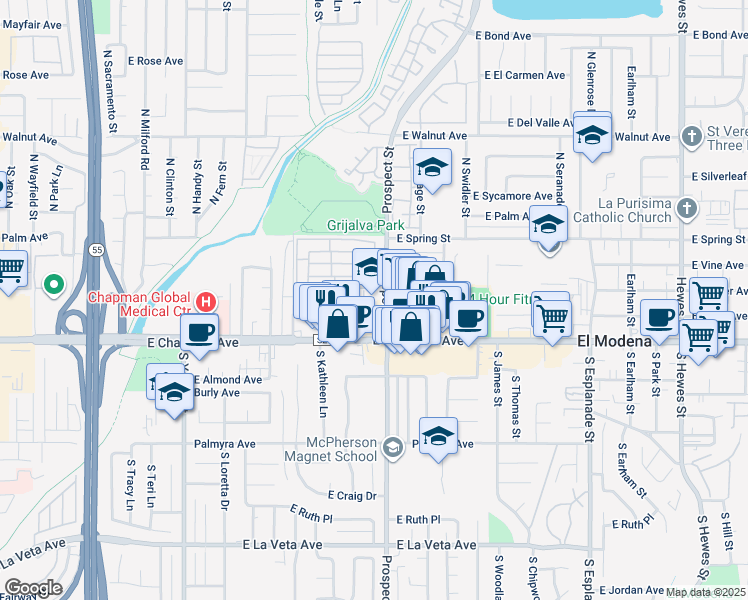 map of restaurants, bars, coffee shops, grocery stores, and more near 184 North Prospect Street in Orange