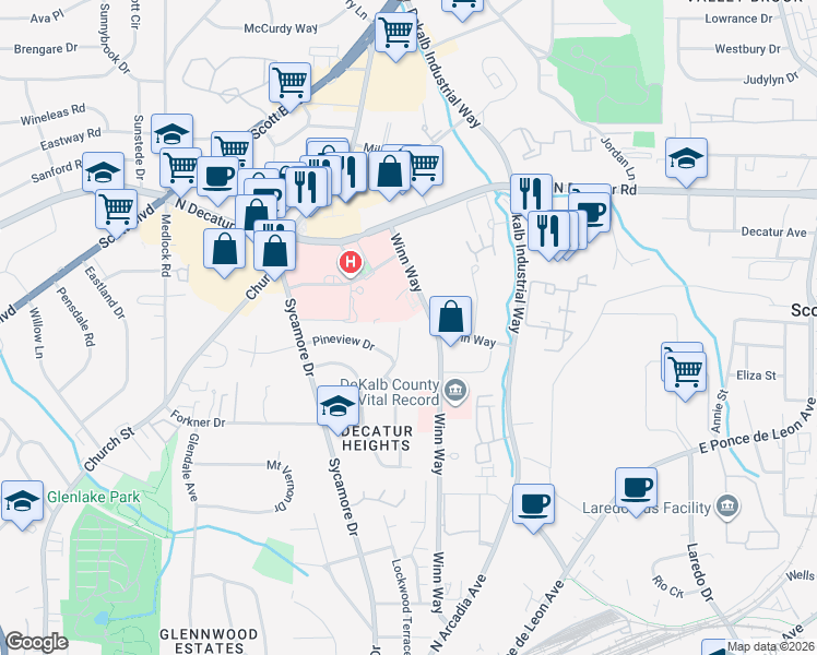 map of restaurants, bars, coffee shops, grocery stores, and more near 453 Woodhaven Drive in Decatur