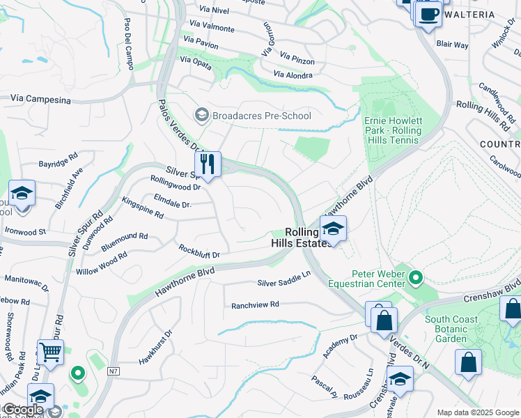 map of restaurants, bars, coffee shops, grocery stores, and more near 4623 Rollando Drive in Rolling Hills Estates