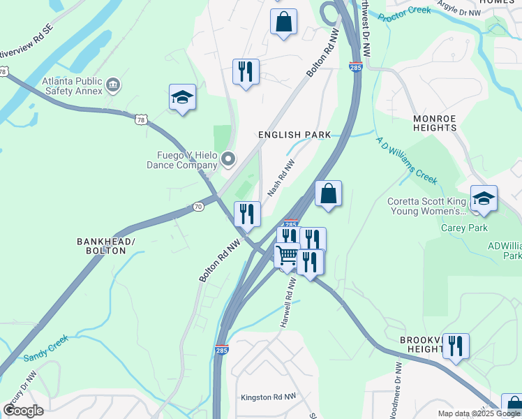 map of restaurants, bars, coffee shops, grocery stores, and more near 1261 Bolton Road Northwest in Atlanta