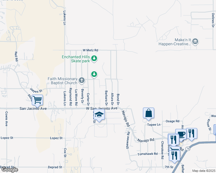 map of restaurants, bars, coffee shops, grocery stores, and more near 303 Barbara Drive in Perris