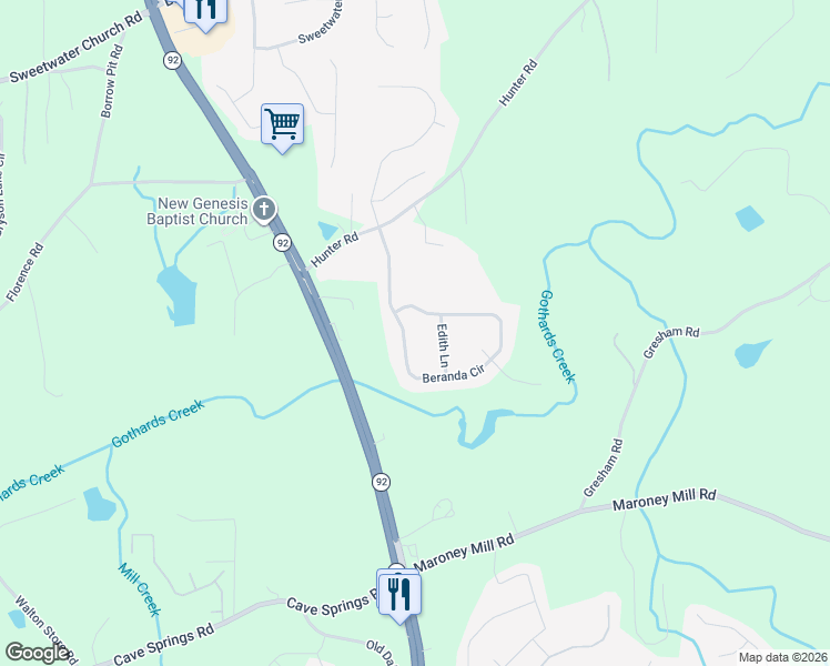 map of restaurants, bars, coffee shops, grocery stores, and more near 255 Beranda Circle in Douglasville