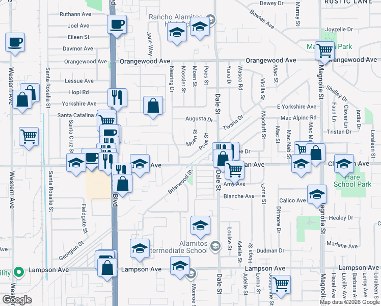 map of restaurants, bars, coffee shops, grocery stores, and more near 11875 Poes Street in Anaheim