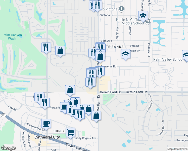 map of restaurants, bars, coffee shops, grocery stores, and more near 35548 Pso Circulo East in Cathedral City