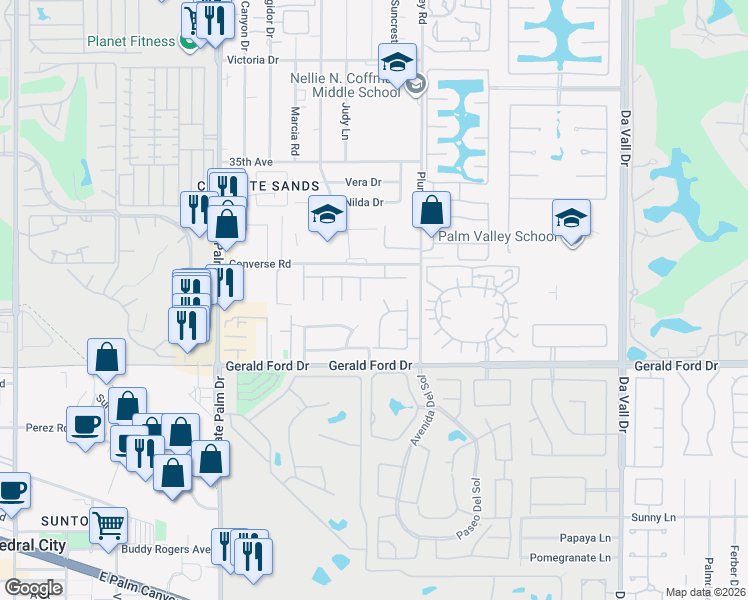 map of restaurants, bars, coffee shops, grocery stores, and more near 35627 Corte Serena in Cathedral City