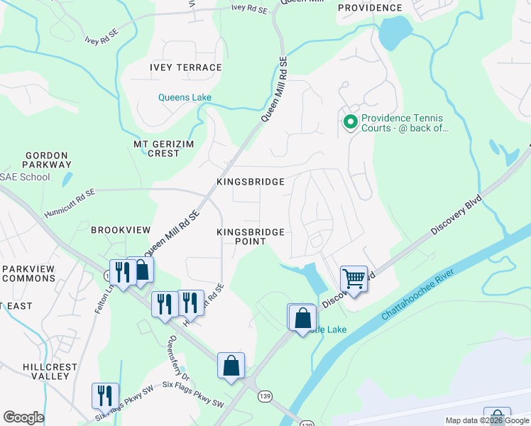map of restaurants, bars, coffee shops, grocery stores, and more near 660 King Sword Court Southeast in Mableton