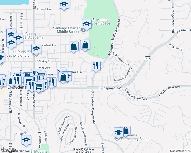 map of restaurants, bars, coffee shops, grocery stores, and more near 186 North Quail Lane in Orange