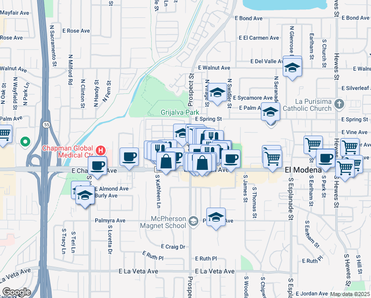 map of restaurants, bars, coffee shops, grocery stores, and more near 184 North Prospect Street in Orange