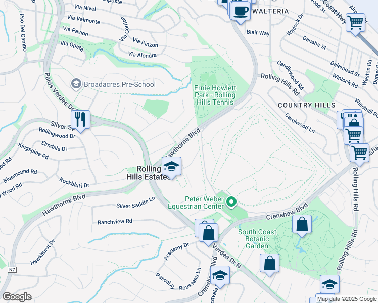 map of restaurants, bars, coffee shops, grocery stores, and more near 37 Moccasin Lane in Rolling Hills Estates