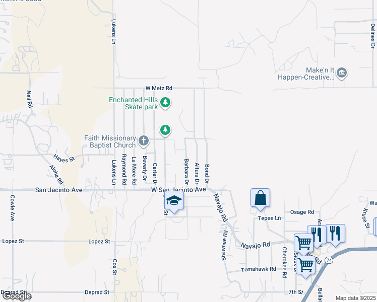 map of restaurants, bars, coffee shops, grocery stores, and more near 303 Barbara Drive in Perris
