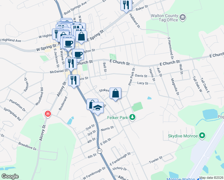 map of restaurants, bars, coffee shops, grocery stores, and more near 529 Lawrence Street in Monroe