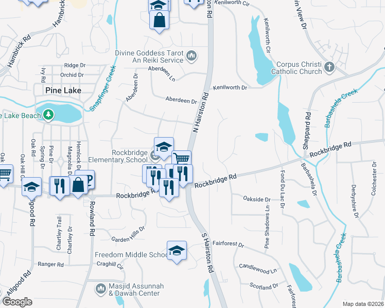 map of restaurants, bars, coffee shops, grocery stores, and more near 465 North Hairston Road in Stone Mountain