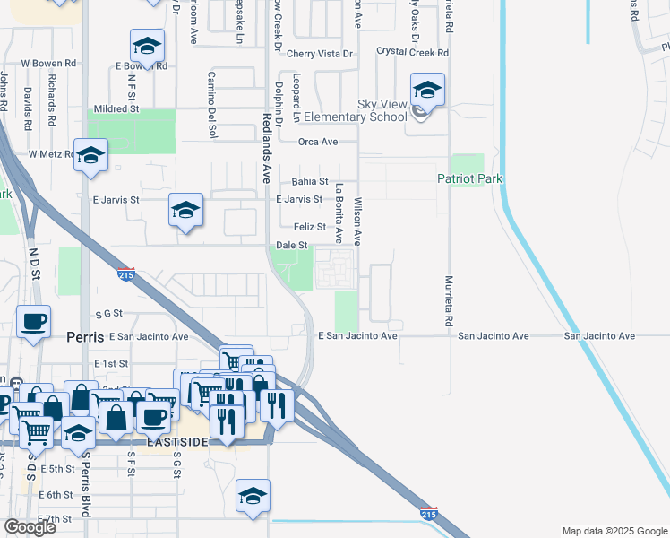 map of restaurants, bars, coffee shops, grocery stores, and more near 290 Wilson Avenue in Perris