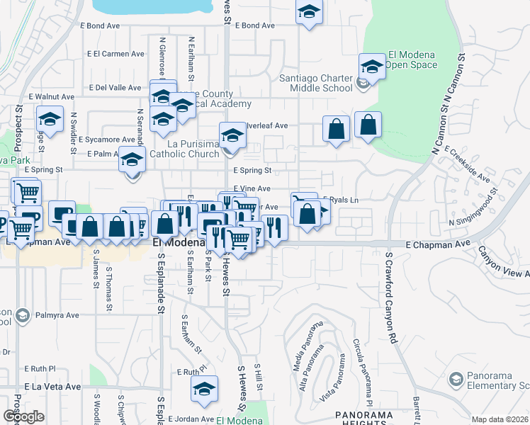 map of restaurants, bars, coffee shops, grocery stores, and more near 18825 East Pearl Avenue in Orange