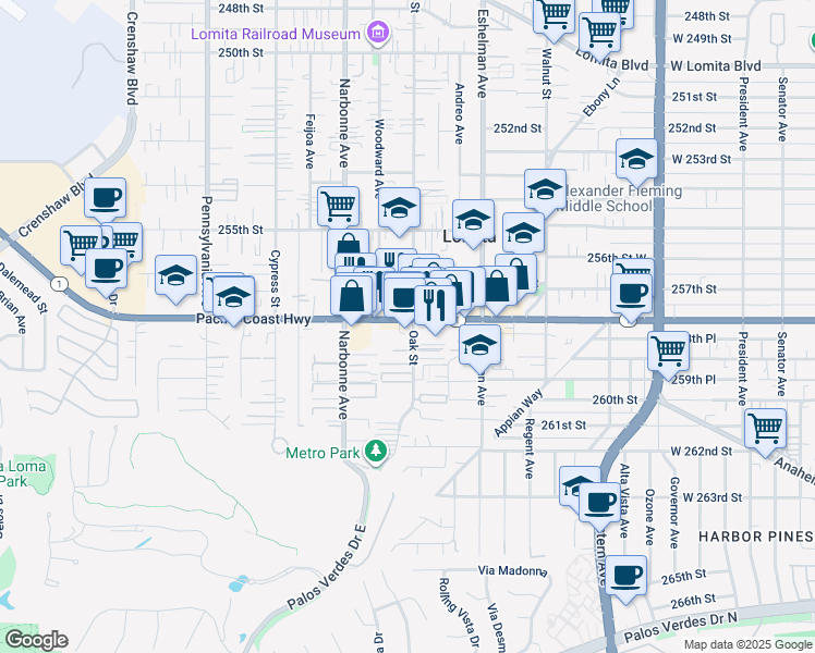map of restaurants, bars, coffee shops, grocery stores, and more near 2068 California 1 in Lomita