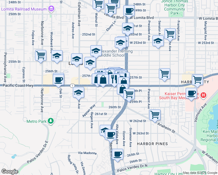 map of restaurants, bars, coffee shops, grocery stores, and more near 1752 California 1 in Lomita