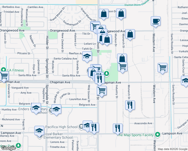 map of restaurants, bars, coffee shops, grocery stores, and more near 11932 Wild Goose Street in Garden Grove