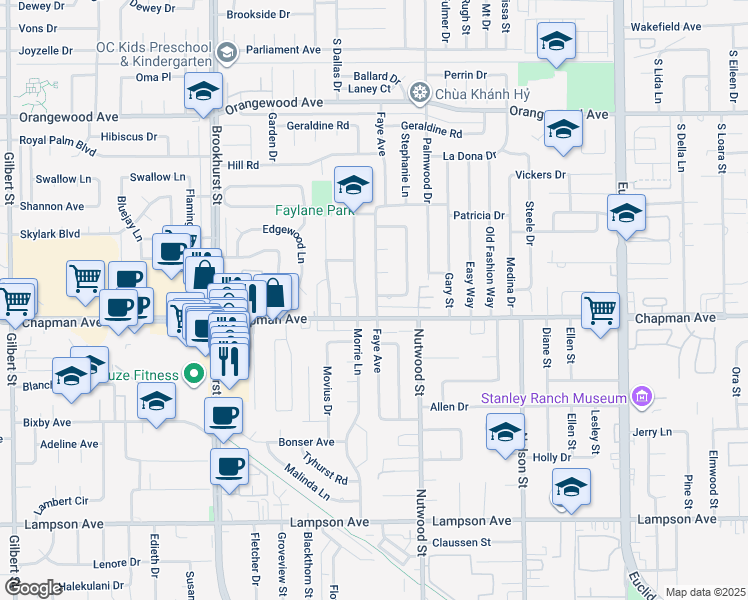 map of restaurants, bars, coffee shops, grocery stores, and more near 11941 Faye Avenue in Garden Grove
